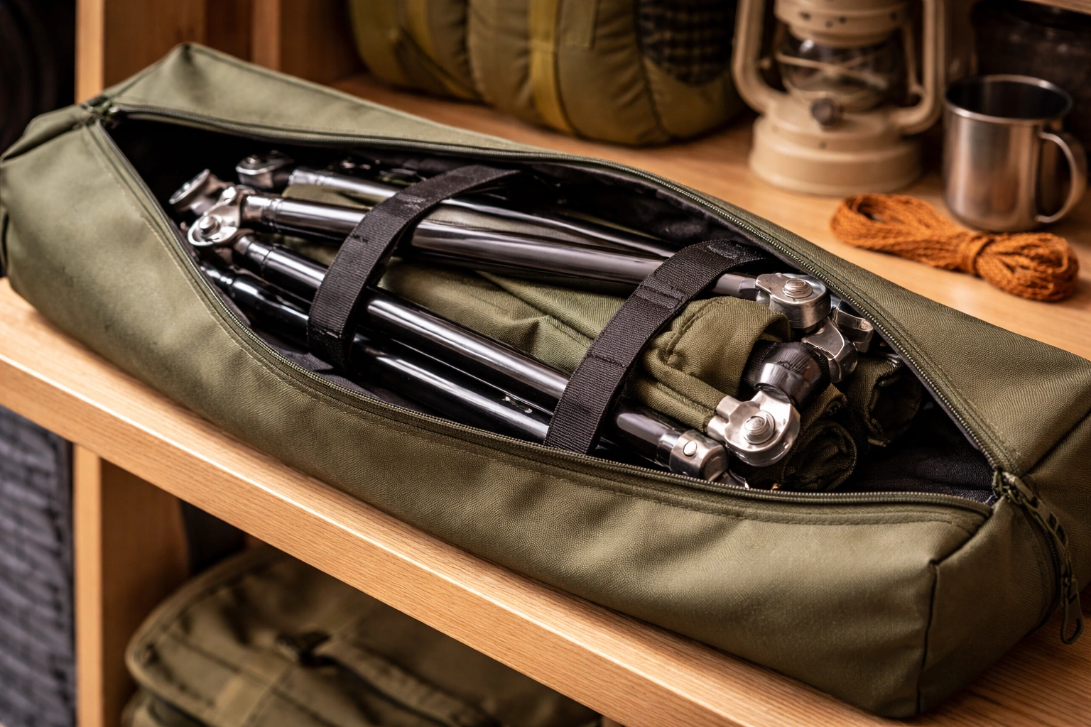 Well-maintained camping chair stored neatly in carrying bag on shelf in dry storage area