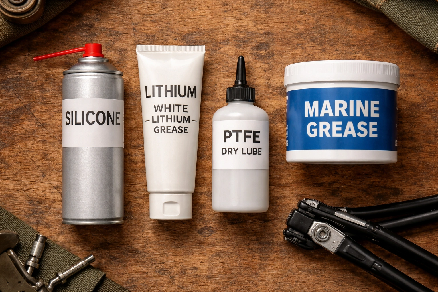 Collection of four types of lubricant for camping chair hinge maintenance on wooden table