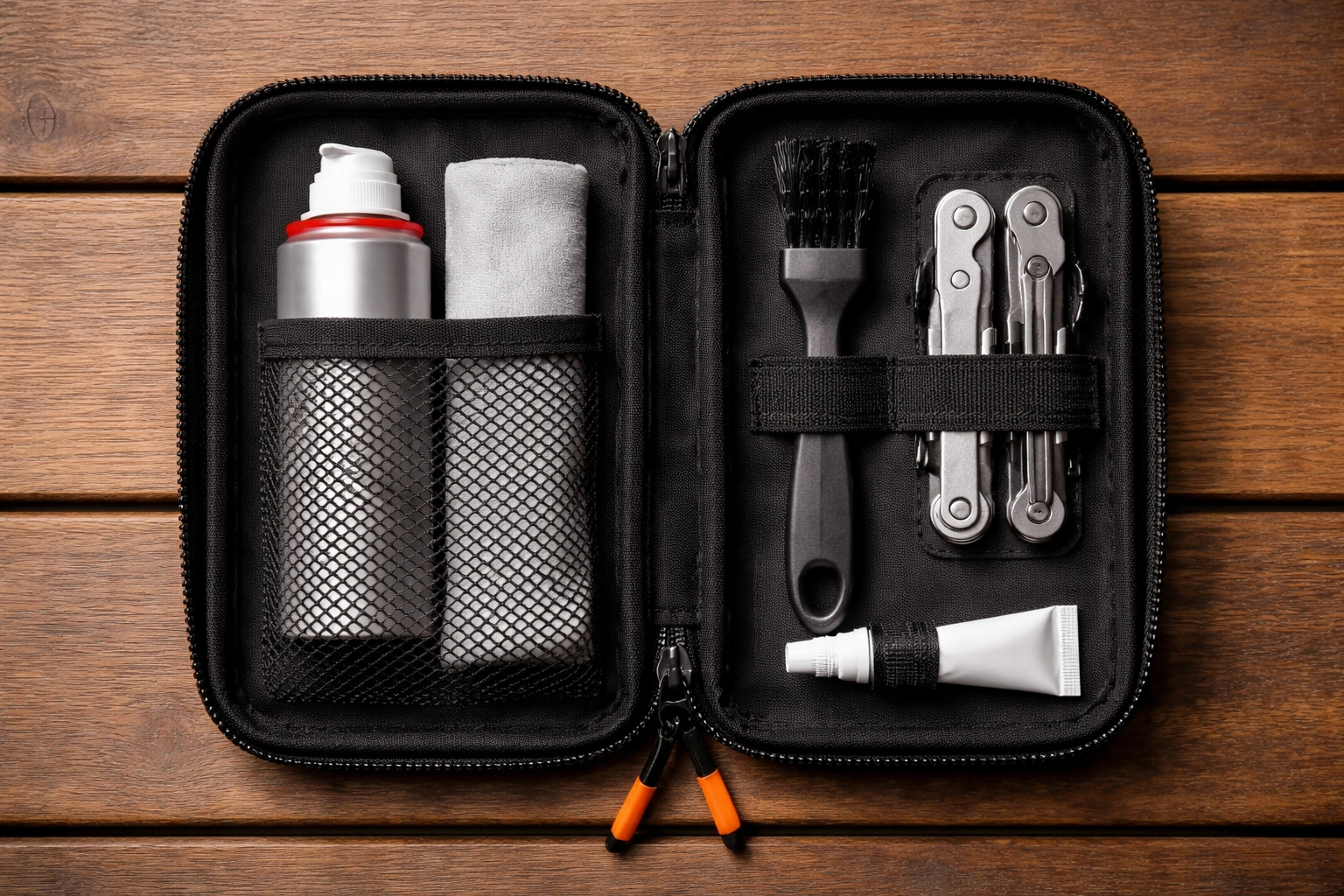 Camping chair hinge maintenance kit with silicone spray cloth brush and multi-tool in open pouch