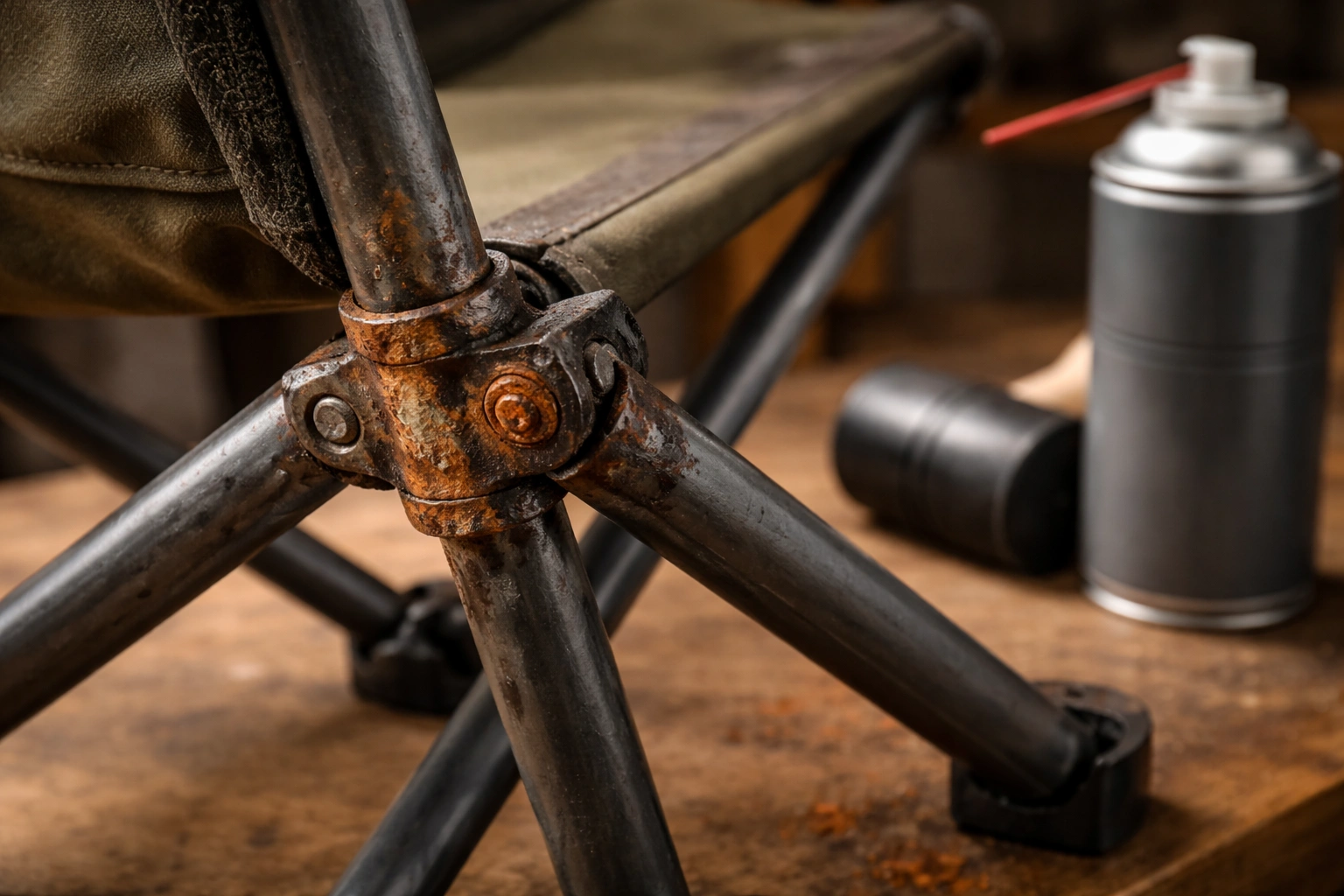 Severely rusted seized camping chair hinge joint with rubber mallet and penetrating oil on workbench