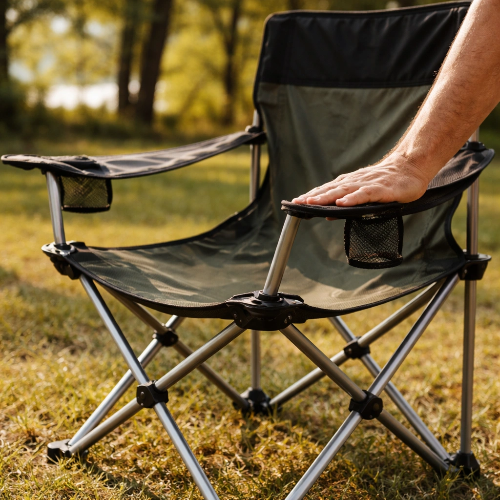 Fully opened camping chair on grassy campsite being tested for stability after lubrication