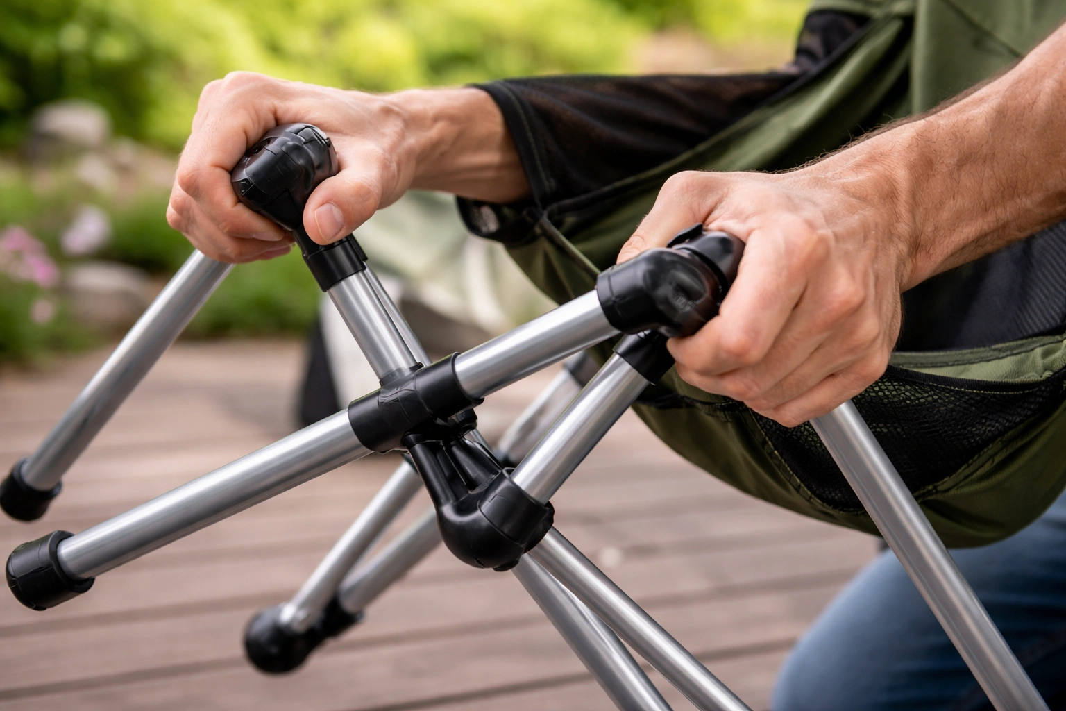 Hands opening and closing folding camping chair to distribute lubricant in hinge joints