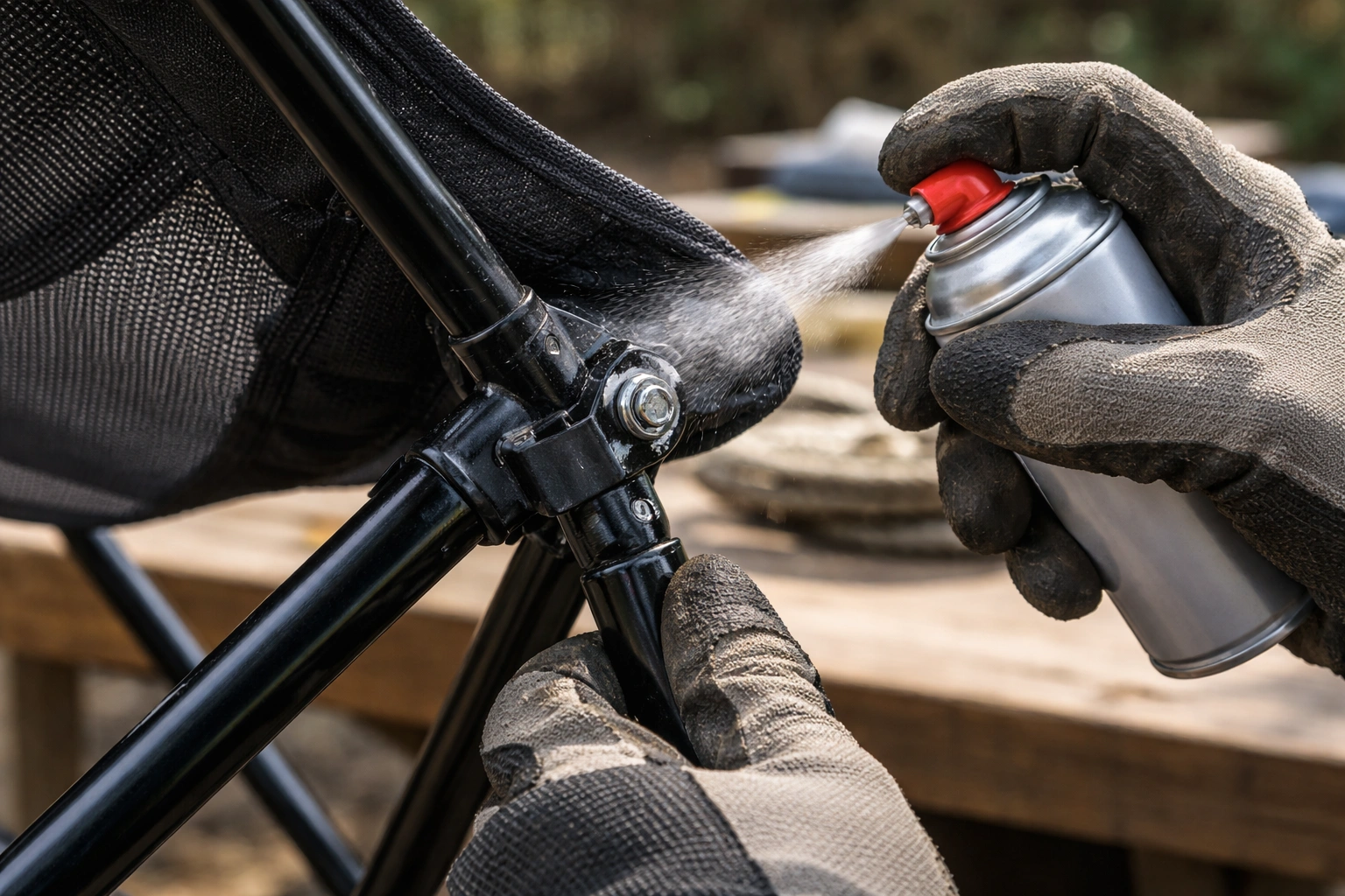 Hands spraying silicone lubricant onto a camping chair hinge joint during maintenance