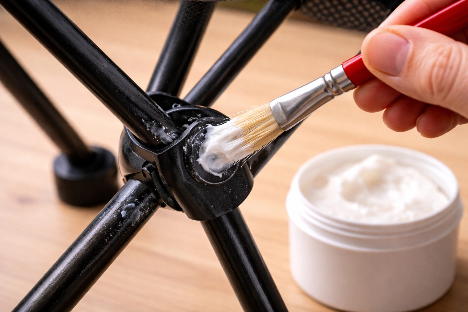 Applying white lithium grease to camping chair hinge pivot point with a small brush