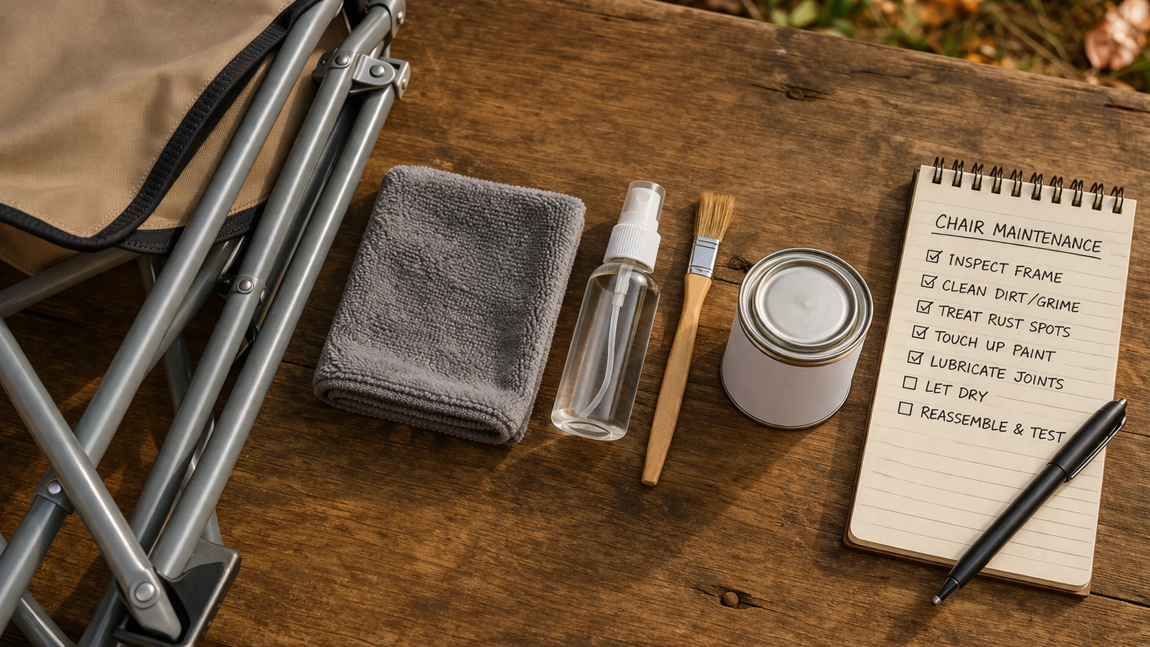 Flat lay of seasonal maintenance kit with chair frame, cloth, spray, brush, primer, and notepad on wooden table