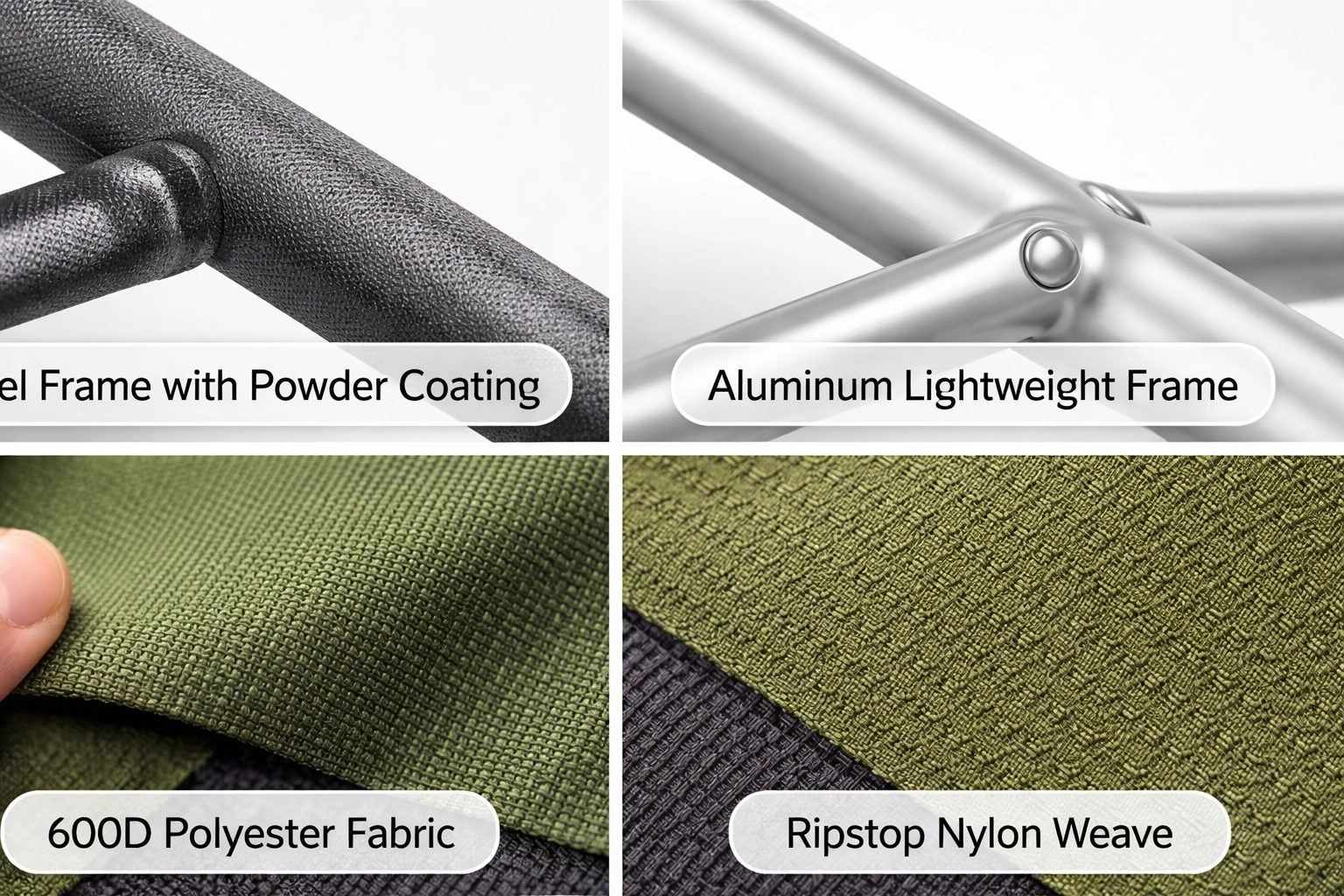 Camping chair materials: steel frame, aluminum, denier fabric