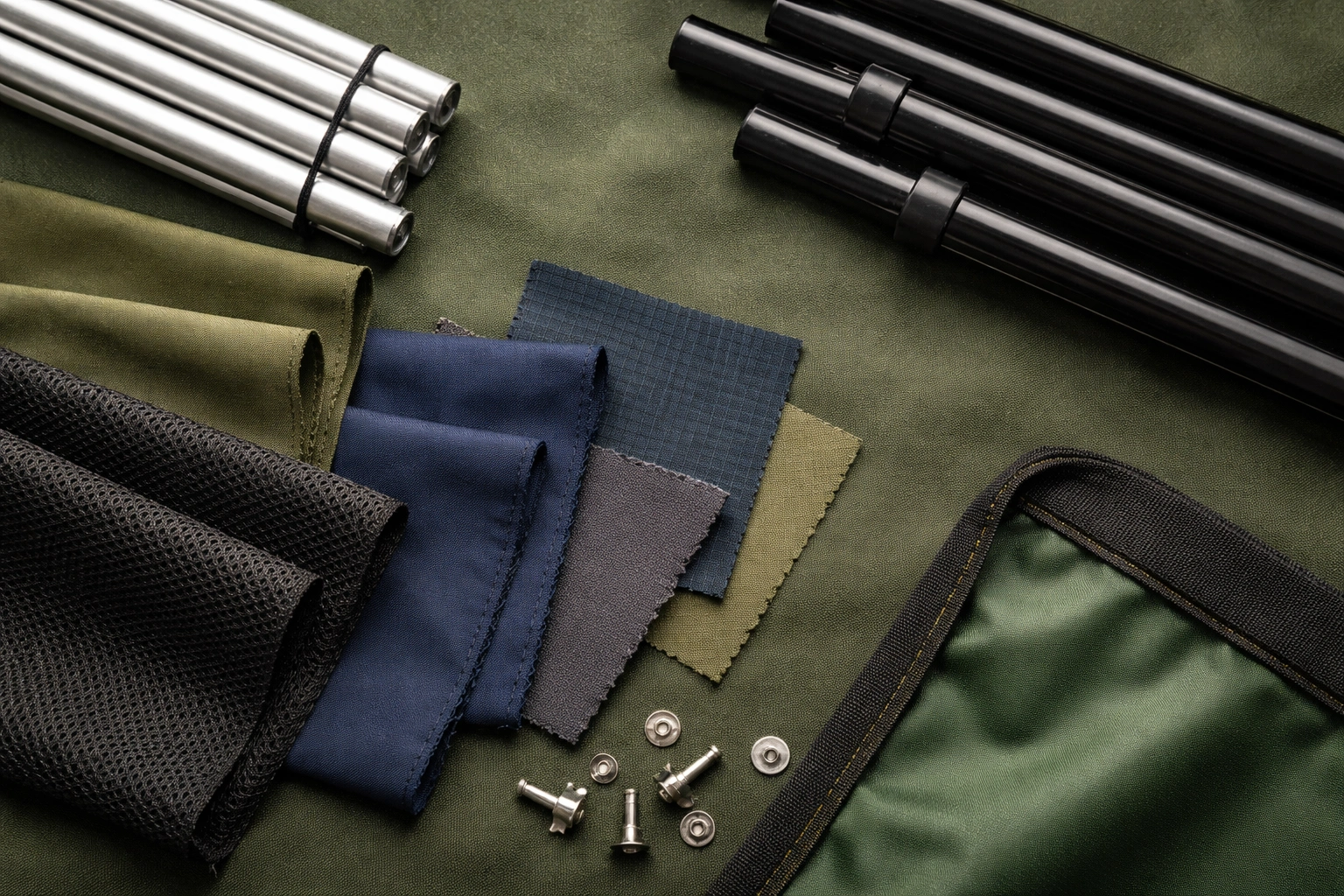 Overview of various camping chair components and materials spread on a neutral surface