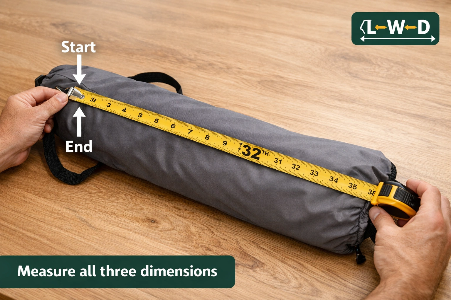 Person measuring folded camping chair with tape measure showing dimensions