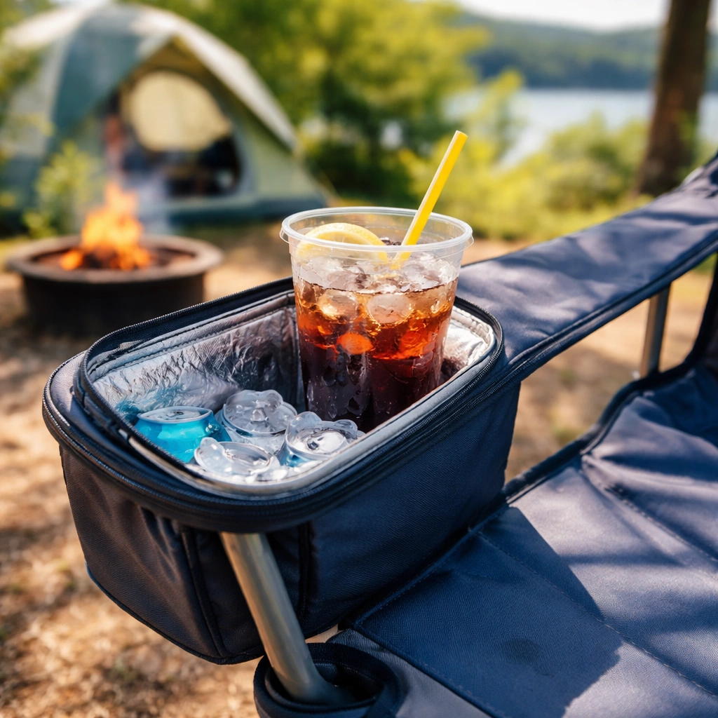 Mesh cup holder on camping chair armrest