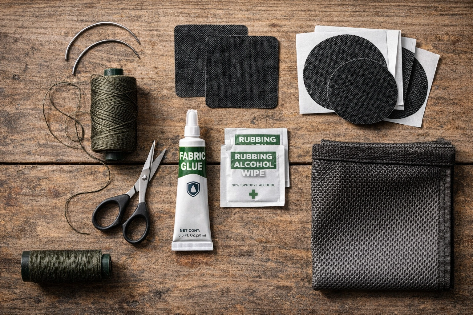 Flat lay of mesh repair supplies: curved needles, nylon thread, adhesive patches, fabric glue, scissors, and replacement mesh fabric