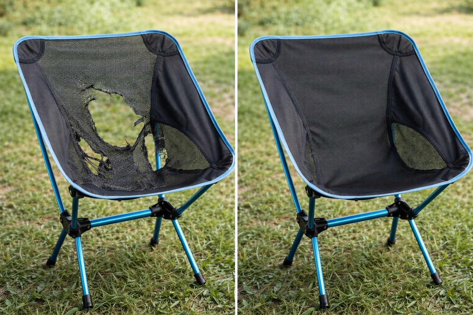 Before and after comparison of camping chair mesh replacement showing torn mesh left and pristine new mesh right