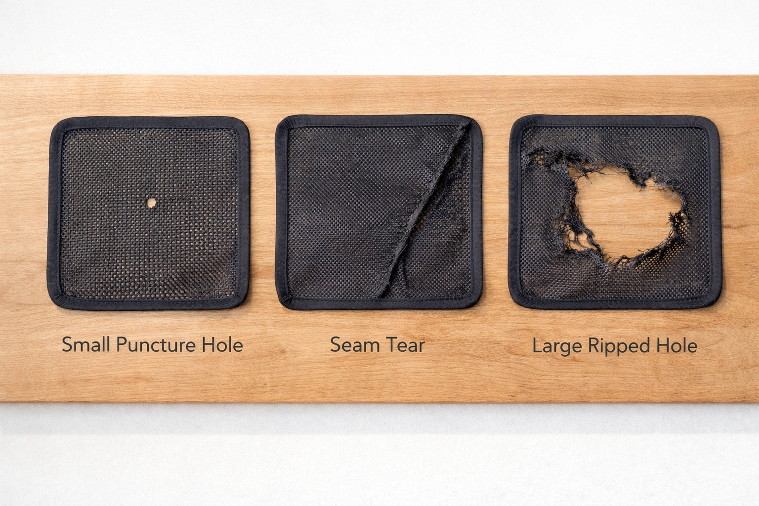Three types of camping chair mesh damage: small puncture, seam tear, and large hole shown side by side