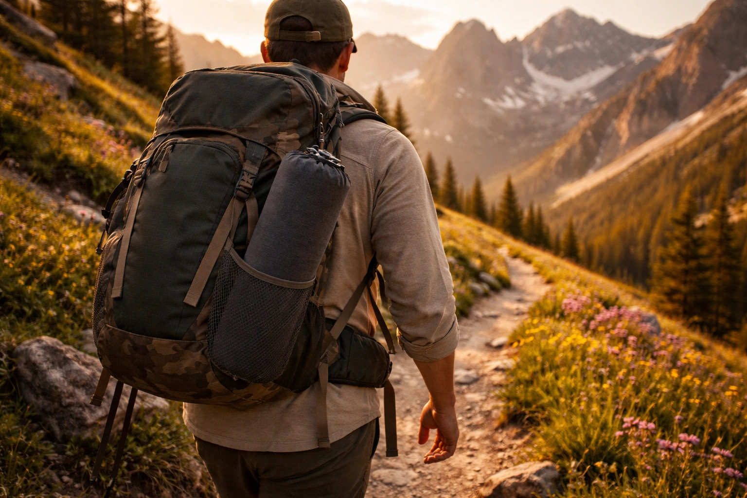 Backpacker carrying compact chair in side pocket walking on mountain trail