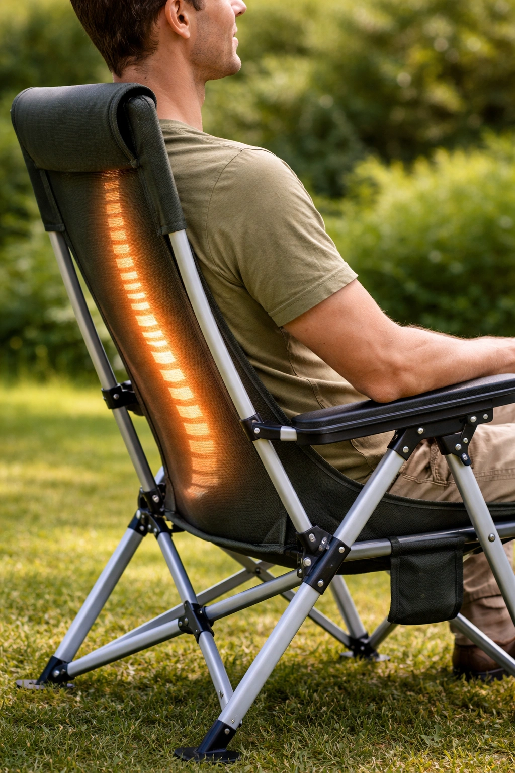 Premium reclining camping chair in a forest campsite with fire pit nearby
