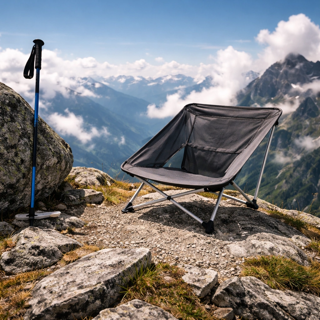 Ultralight camping chair set up at a rocky mountain summit overlook