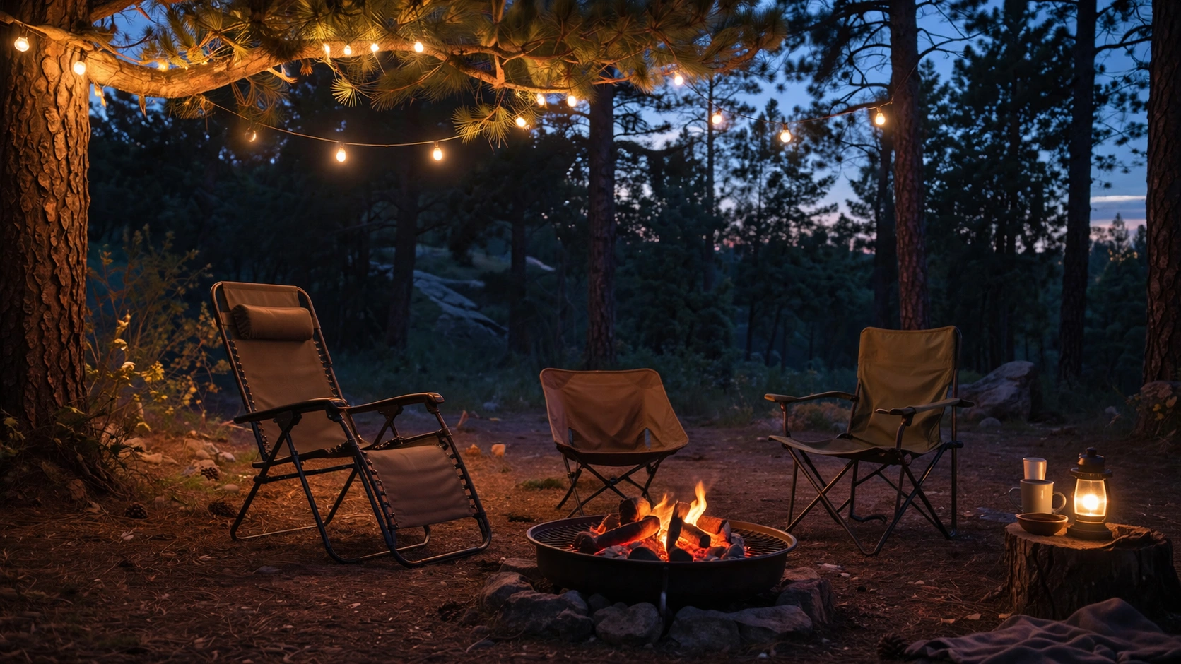 Premium camping chairs set up at a scenic campsite with mountain views at golden hour
