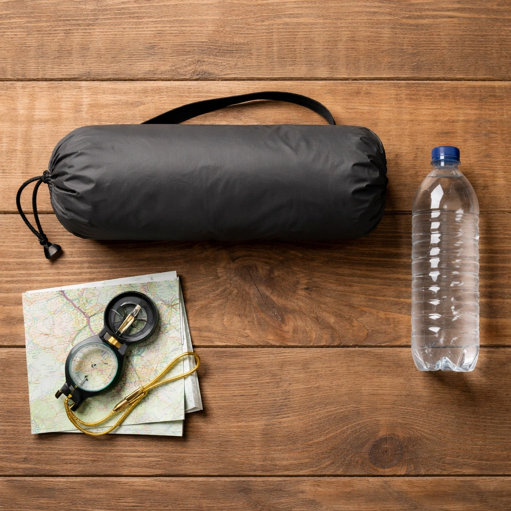 Compact packed camping chair next to water bottle for size comparison on wooden table