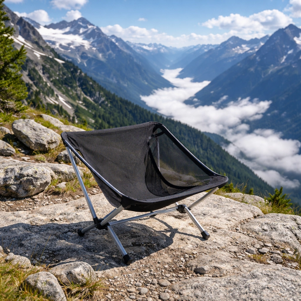 Ultralight camping chair set up on rocky alpine terrain with mountain backdrop