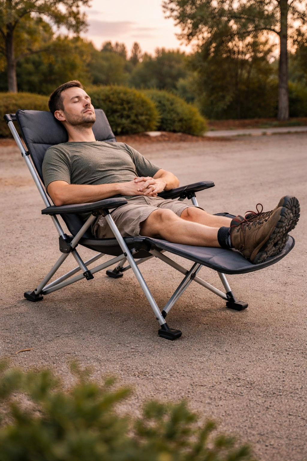 Same camping chair shown in fully reclined position with person relaxing at dusk
