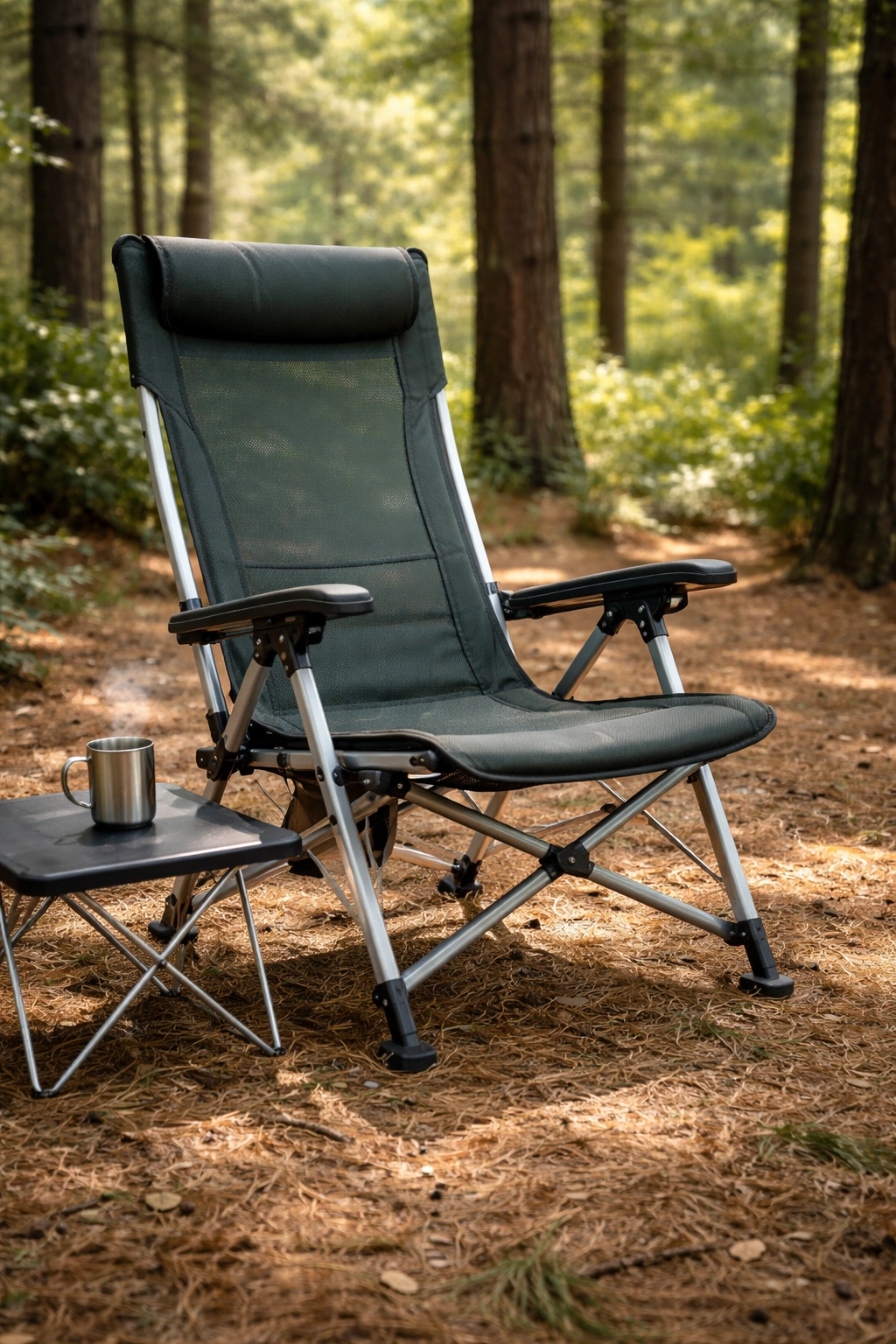 Premium reclining camping chair in upright position set up on forest campsite