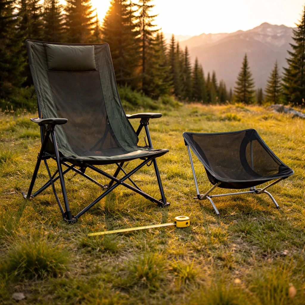 Side by side comparison of reclining chair and ultralight chair on a campsite
