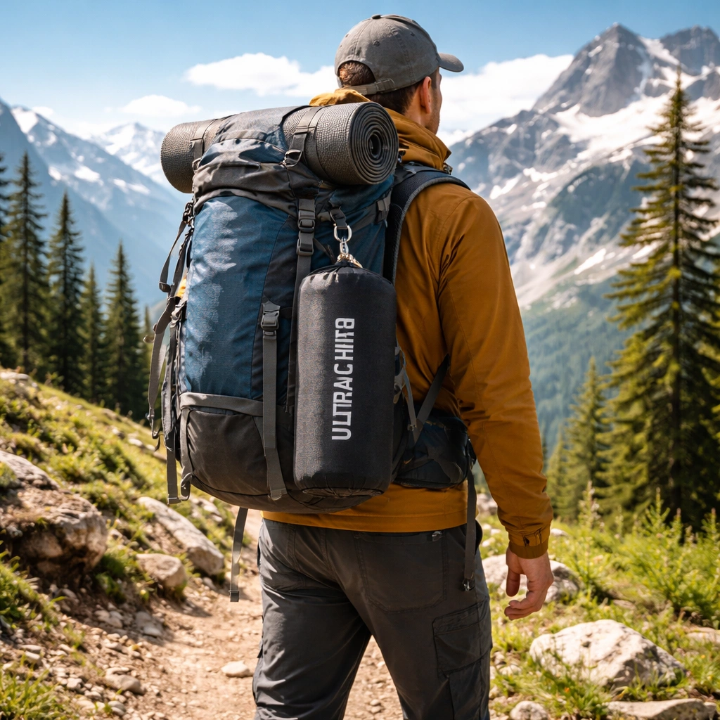 Backpacker carrying ultralight nylon chair on hiking trail