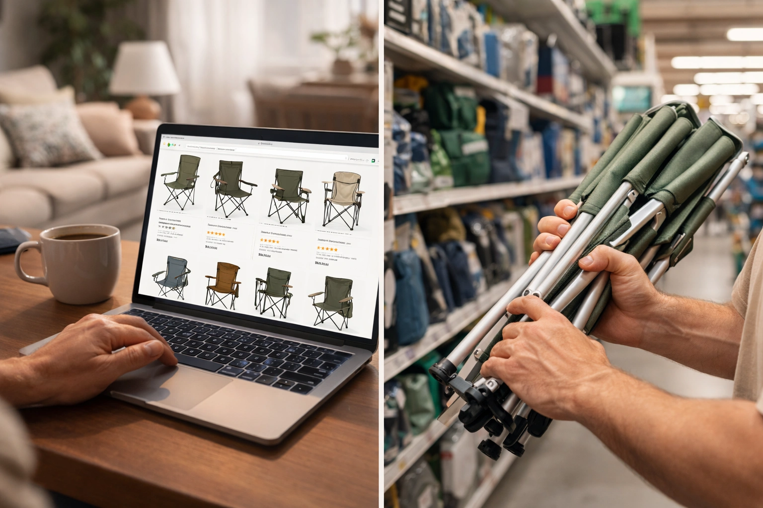 Split comparison showing online camping chair shopping on laptop at home versus hands holding folded chair in a physical retail store aisle
