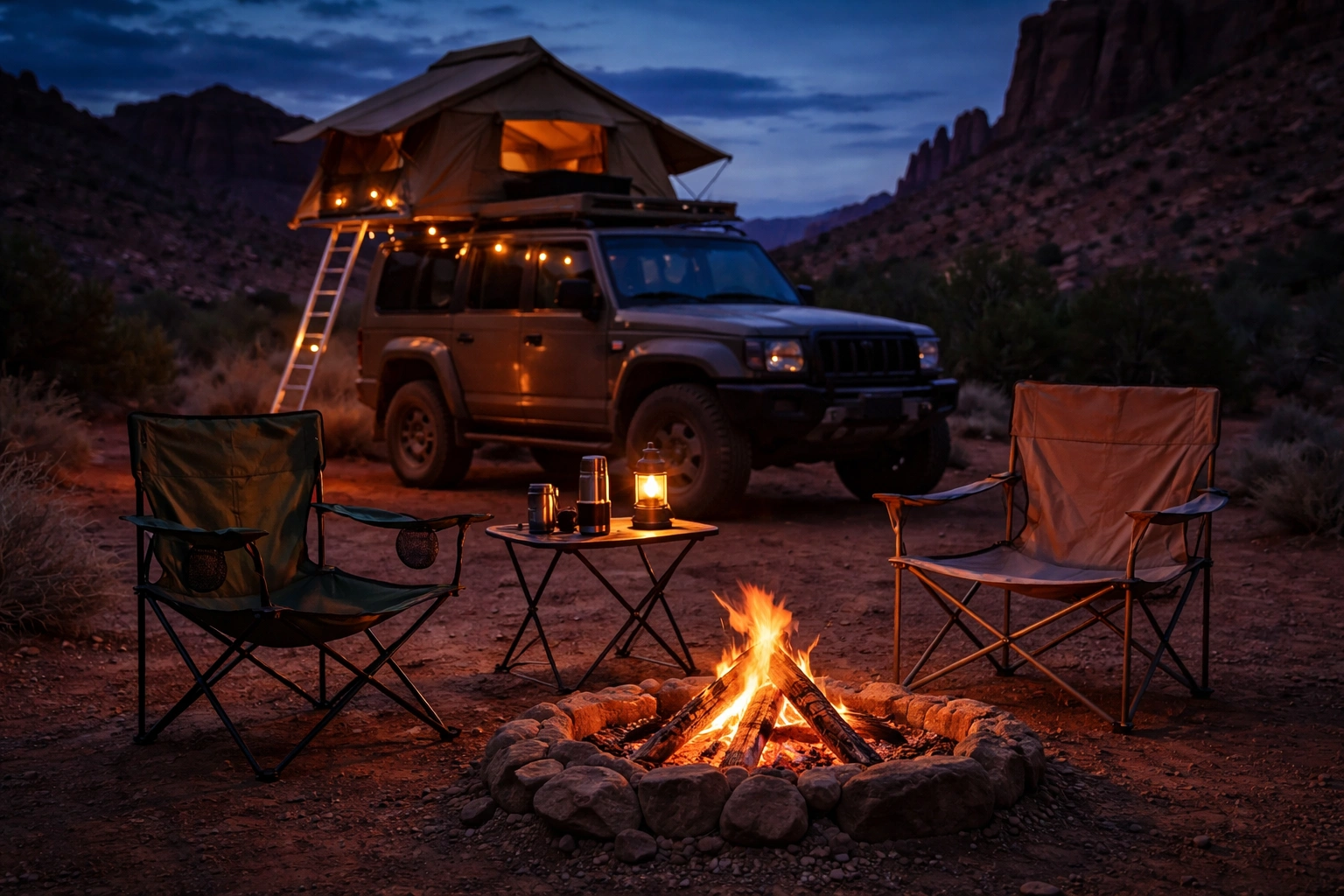 Overlanding basecamp at dusk with roof top tent vehicle two chairs and fire pit in desert landscape