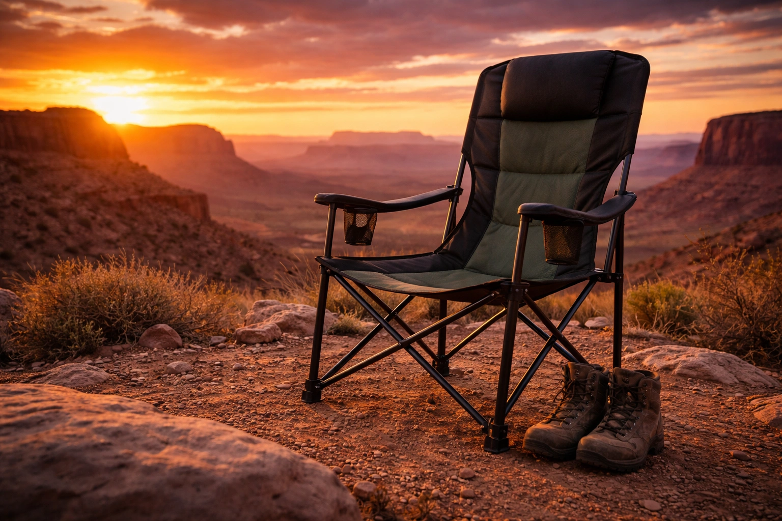High-back padded camping chair on rocky overlook facing vast desert landscape at dramatic sunset