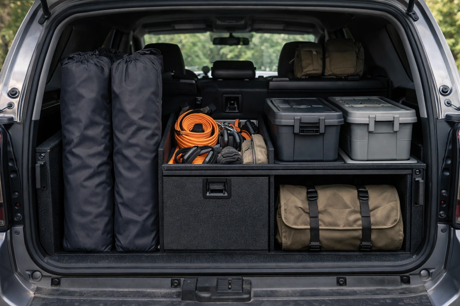 Folded camping chairs in carry bags stored in organized SUV trunk storage system