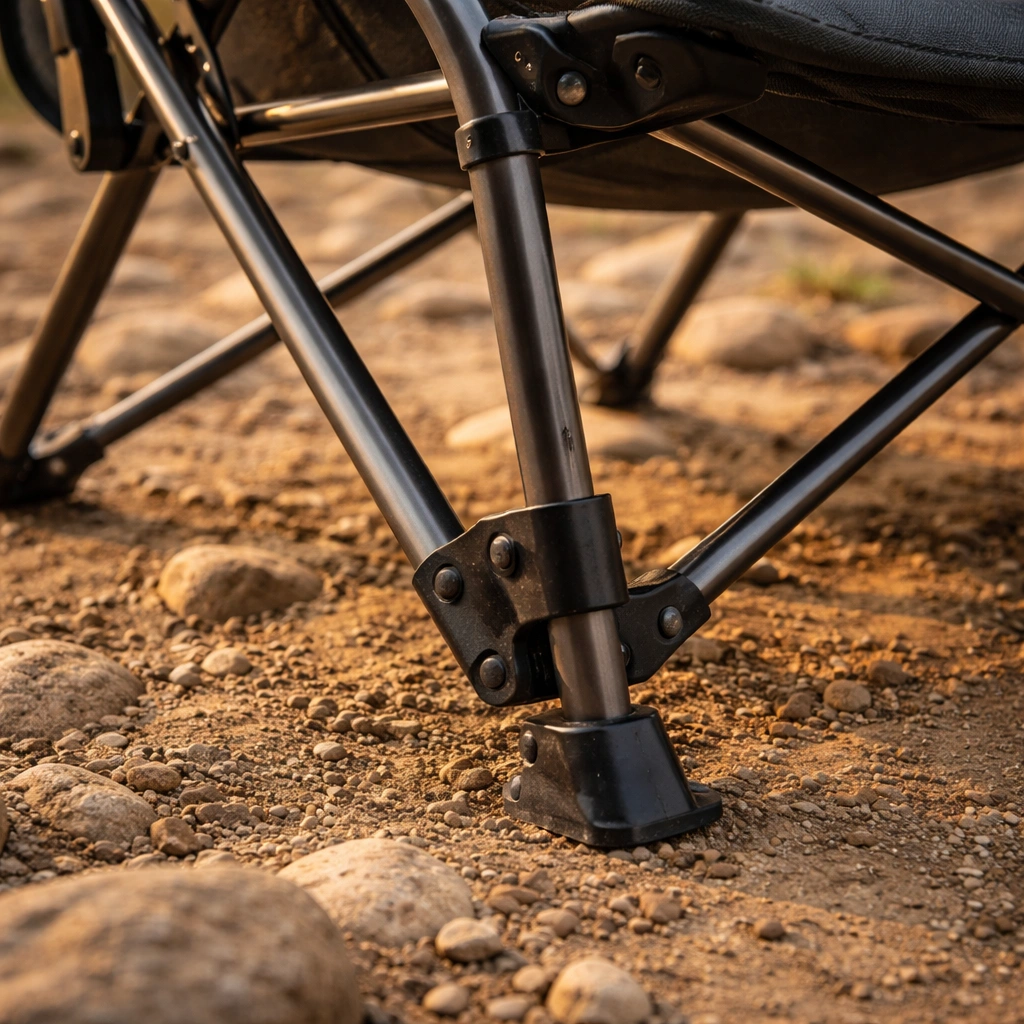 Close-up of rugged powder-coated steel chair frame on rocky ground showing reinforced joints