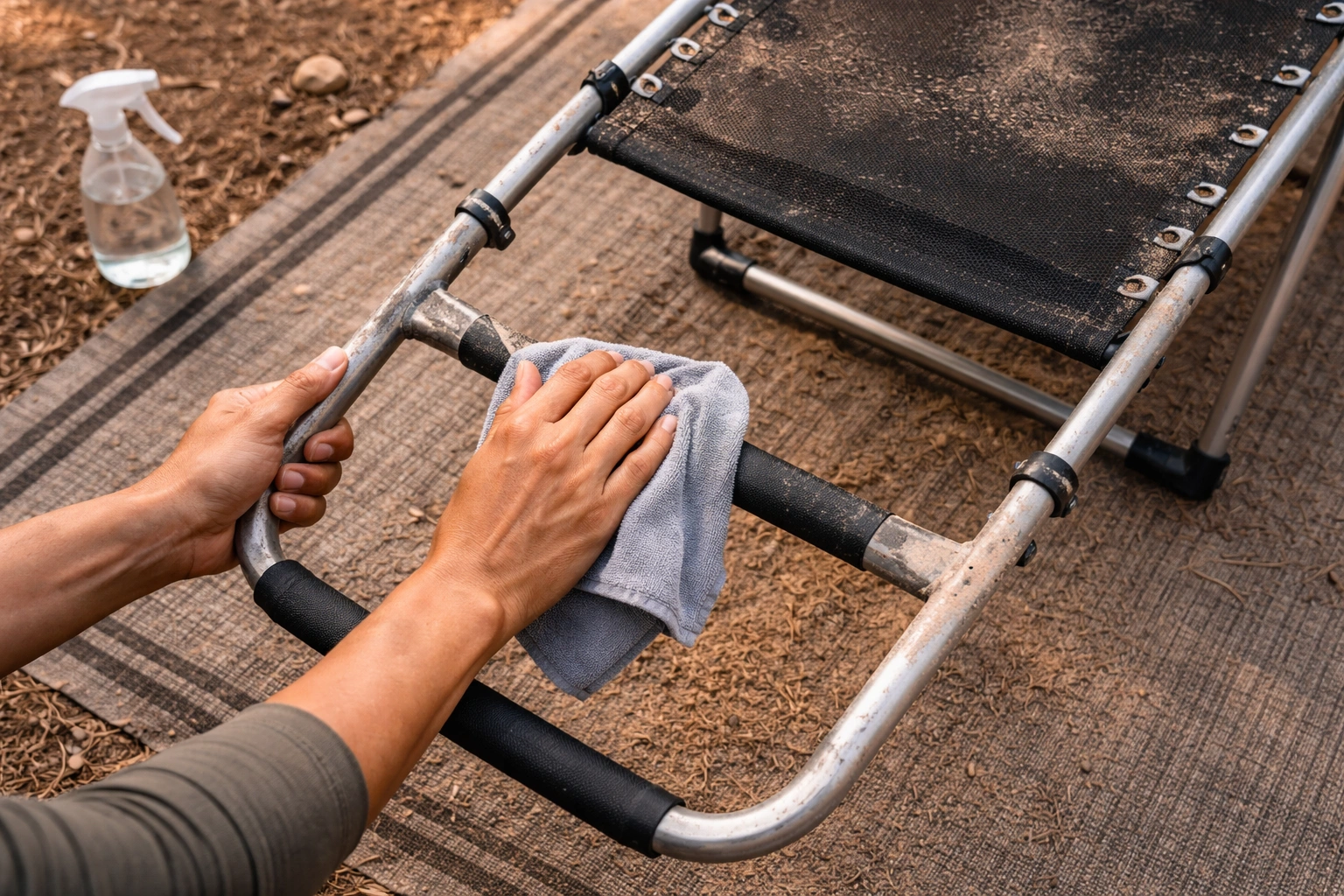 Hands wiping dust and dirt off camping chair frame with damp cloth at dusty wilderness campsite with spray bottle nearby
