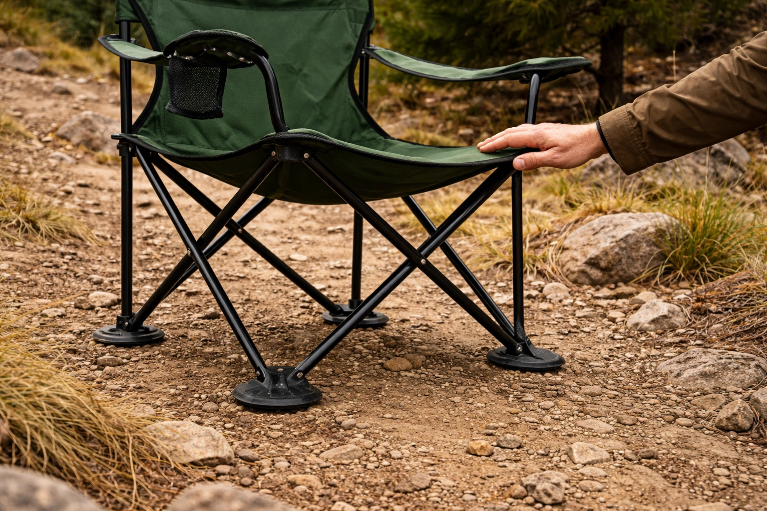 Camping chair with wide anti-sink feet demonstrating stability on sloped uneven gravel terrain
