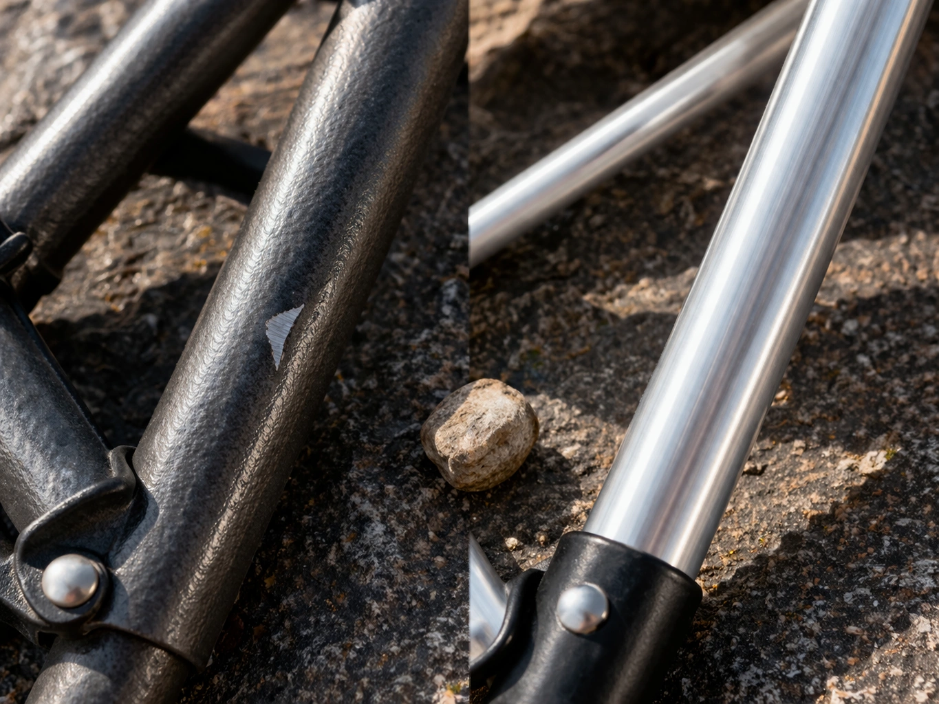 Side by side comparison of thick steel frame tube with scratch and thinner brushed aluminum tube on rough stone