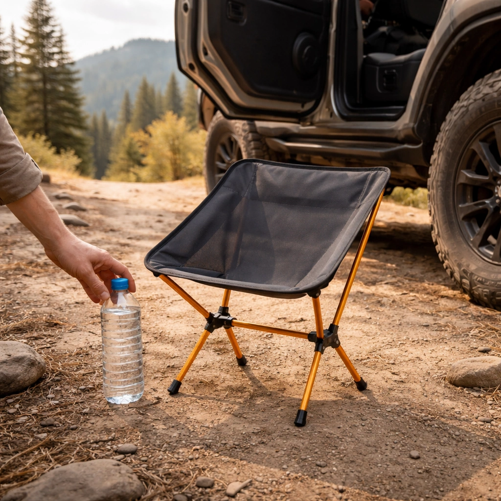 Small compact ultralight camping chair next to SUV open rear door showing tiny size compared to vehicle