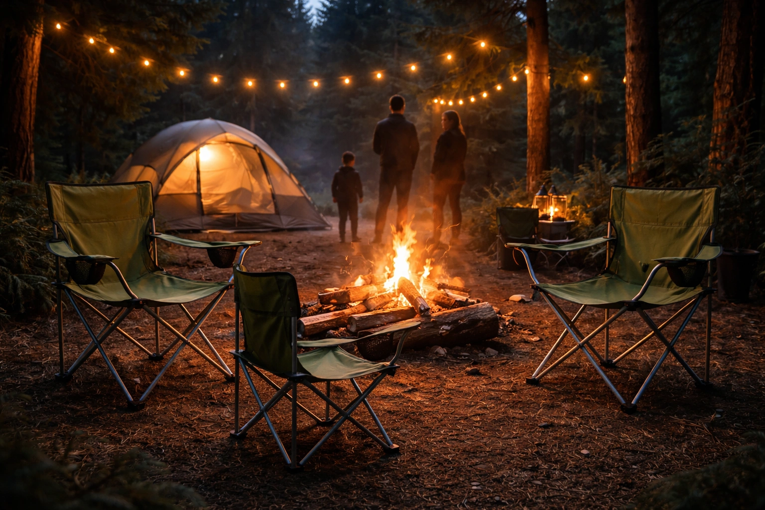 Four Ozark Trail camping chairs arranged around a campfire at a wooded campsite at dusk