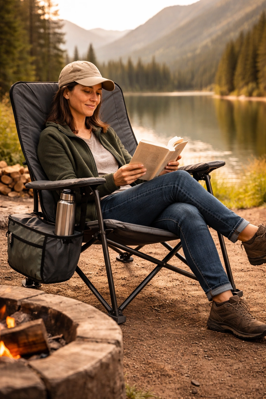 Person relaxing comfortably in an Ozark Trail chair with high back reading a book at a campsite