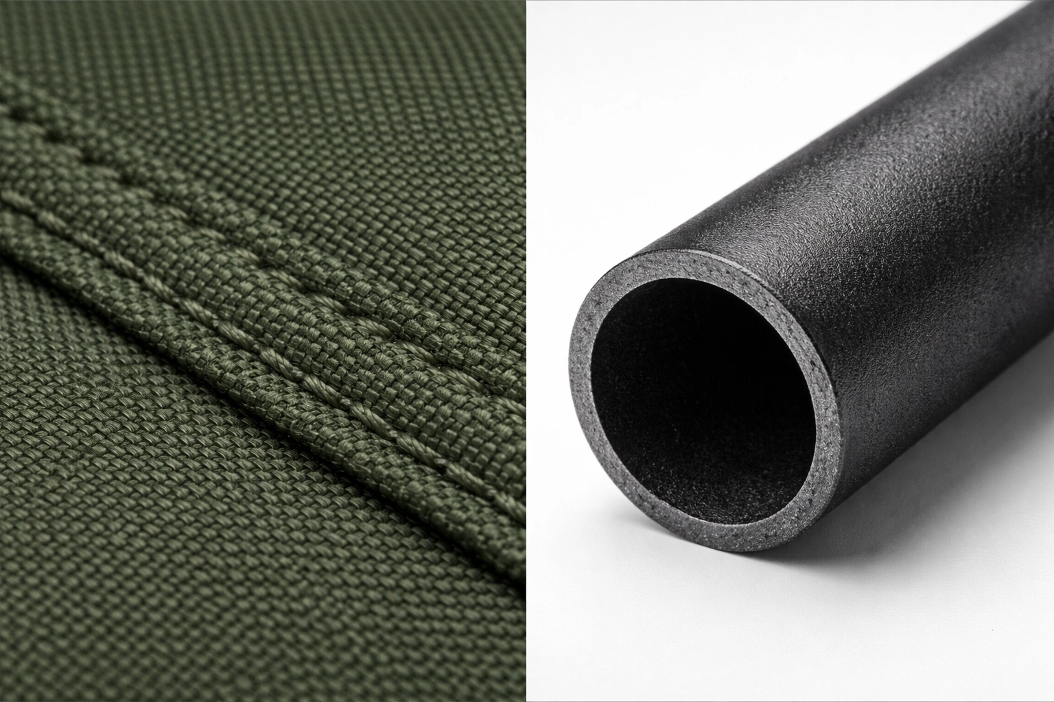 Macro close-up of Ozark Trail 600D polyester fabric weave and powder-coated steel tube cross-section