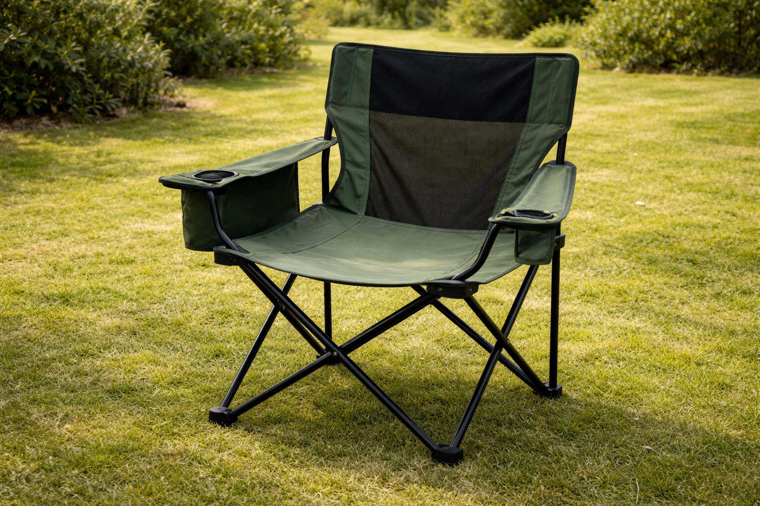 Ozark Trail Quad Chair with mesh back, cup holder, and side pocket set up on grass