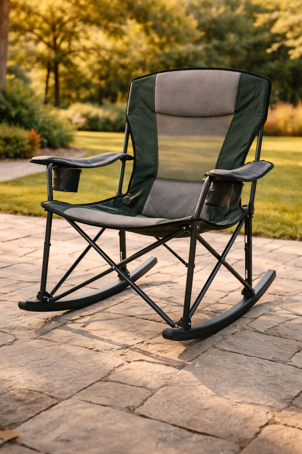 Ozark Trail Rocking Camp Chair on curved rockers with padded seat and cup holder