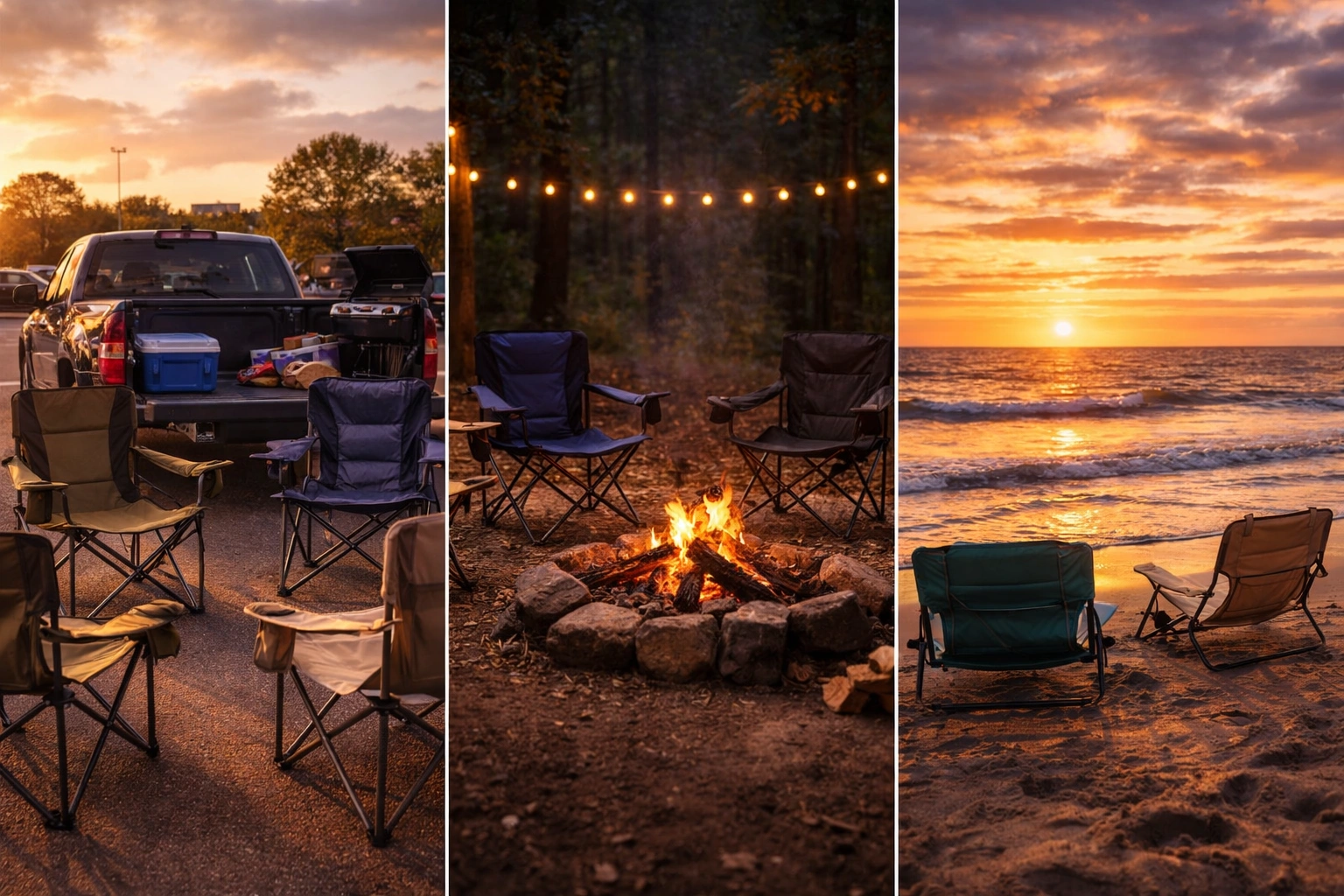 Split scene showing Ozark Trail chairs at a tailgate party, a campfire setup, and a beach picnic