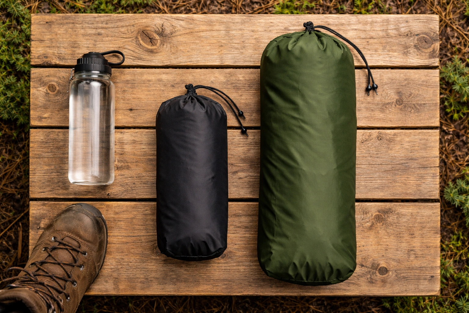 Two packed camping chairs in stuff sacks beside a water bottle and hiking boot for size comparison on wooden table