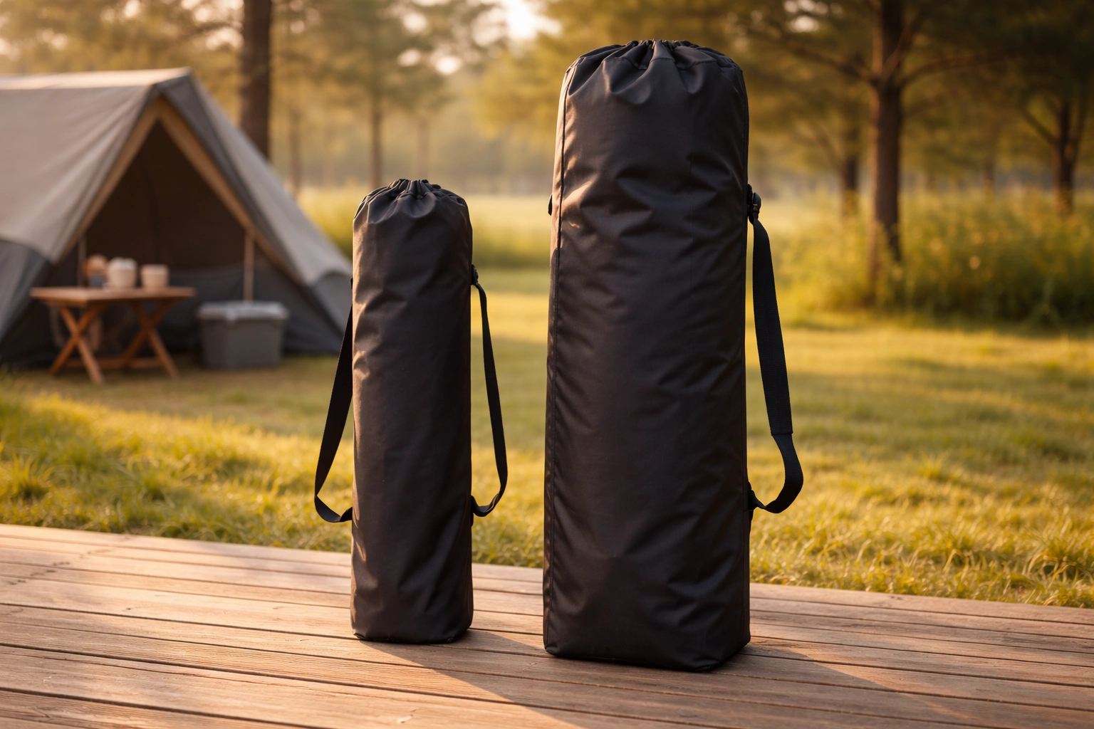 Two folded camping chairs in carry bags showing size difference — slim low-back bag vs tall bulky high-back bag