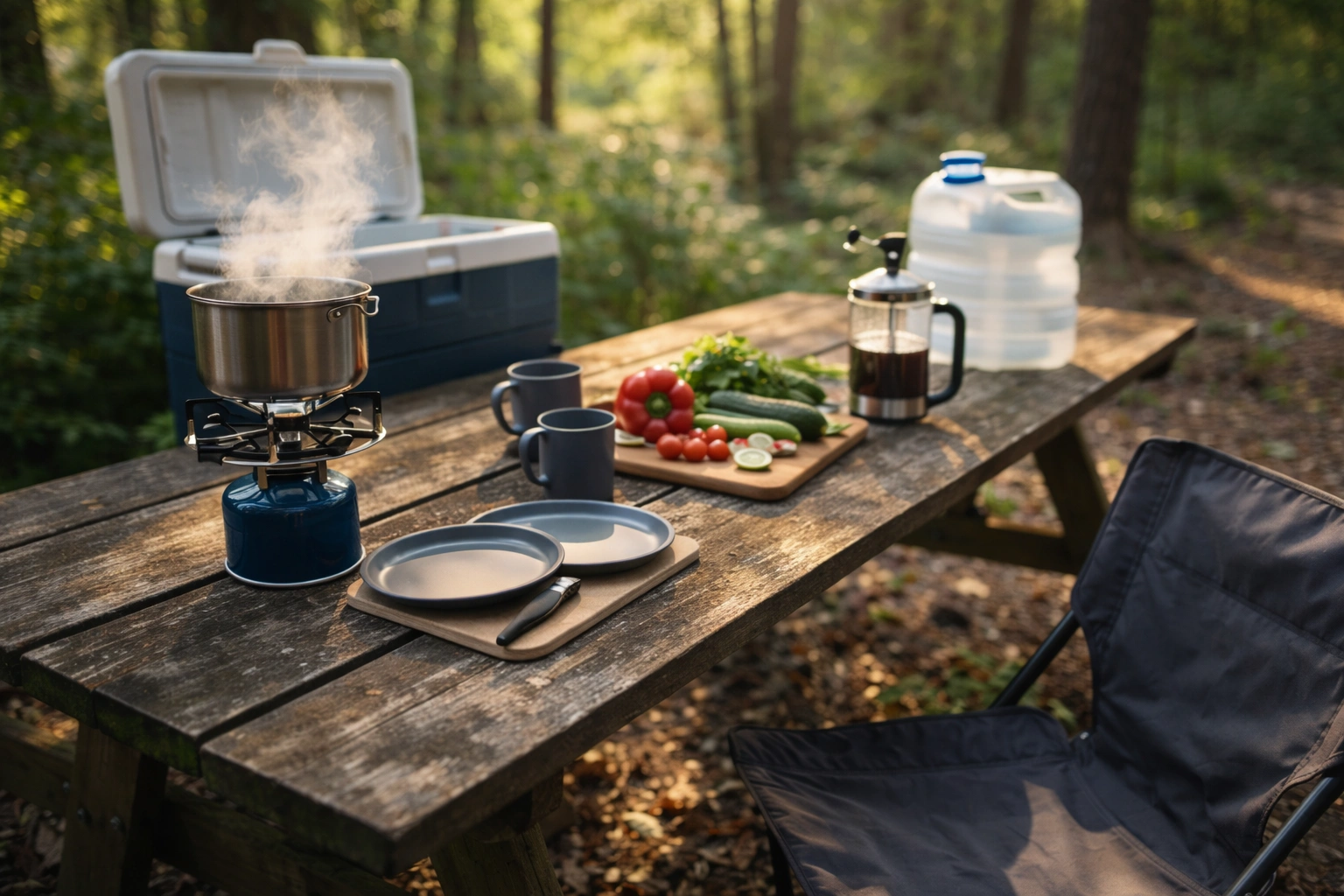 Outdoor camp kitchen setup on a wooden picnic table showing a camp stove, cutting board, French press, plates, and cooler with a generic camping chair pulled up — no brand logos