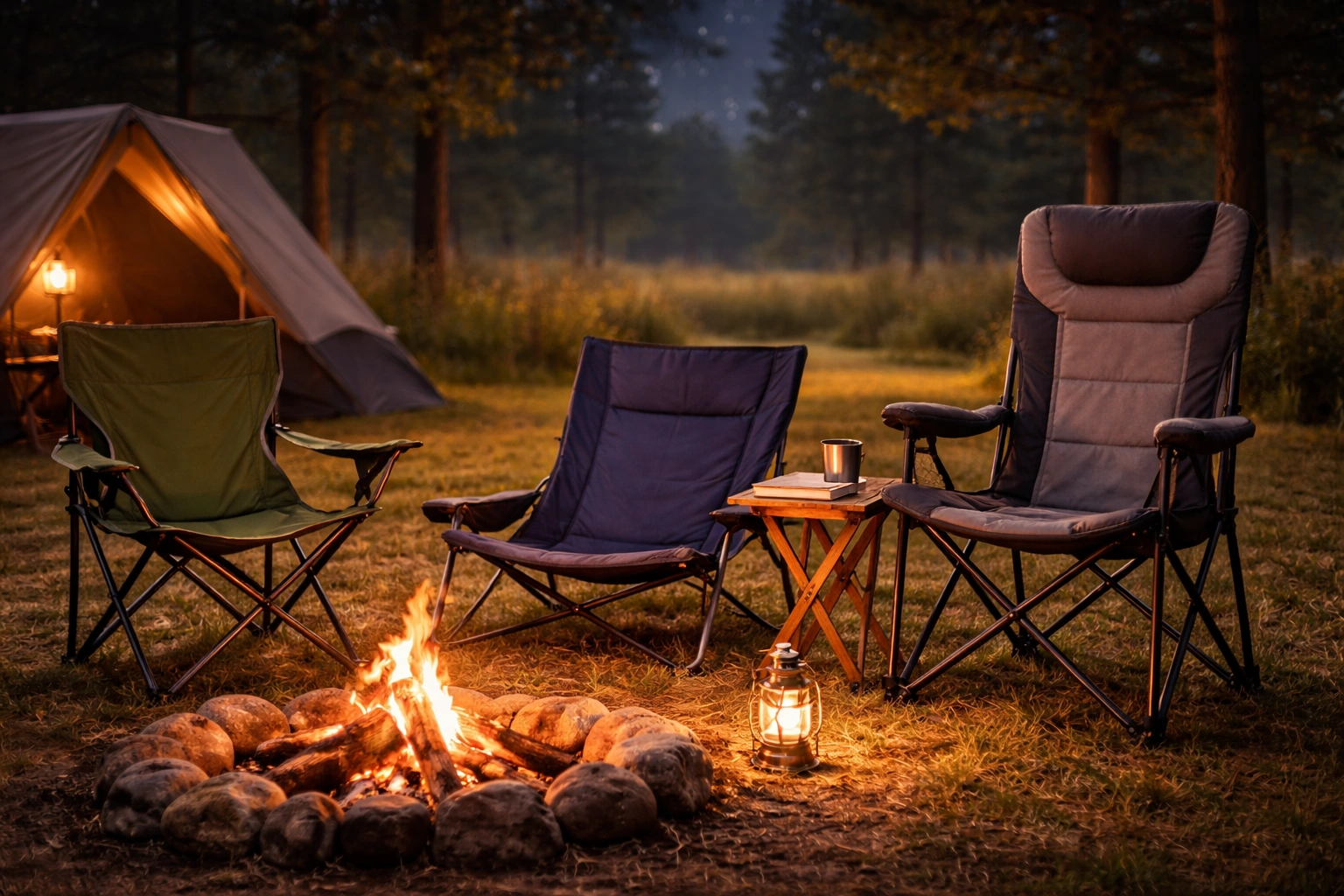 Evening campsite with three different styles of generic camping chairs arranged around a small campfire with a side table holding a mug — no brand logos or text on any chair