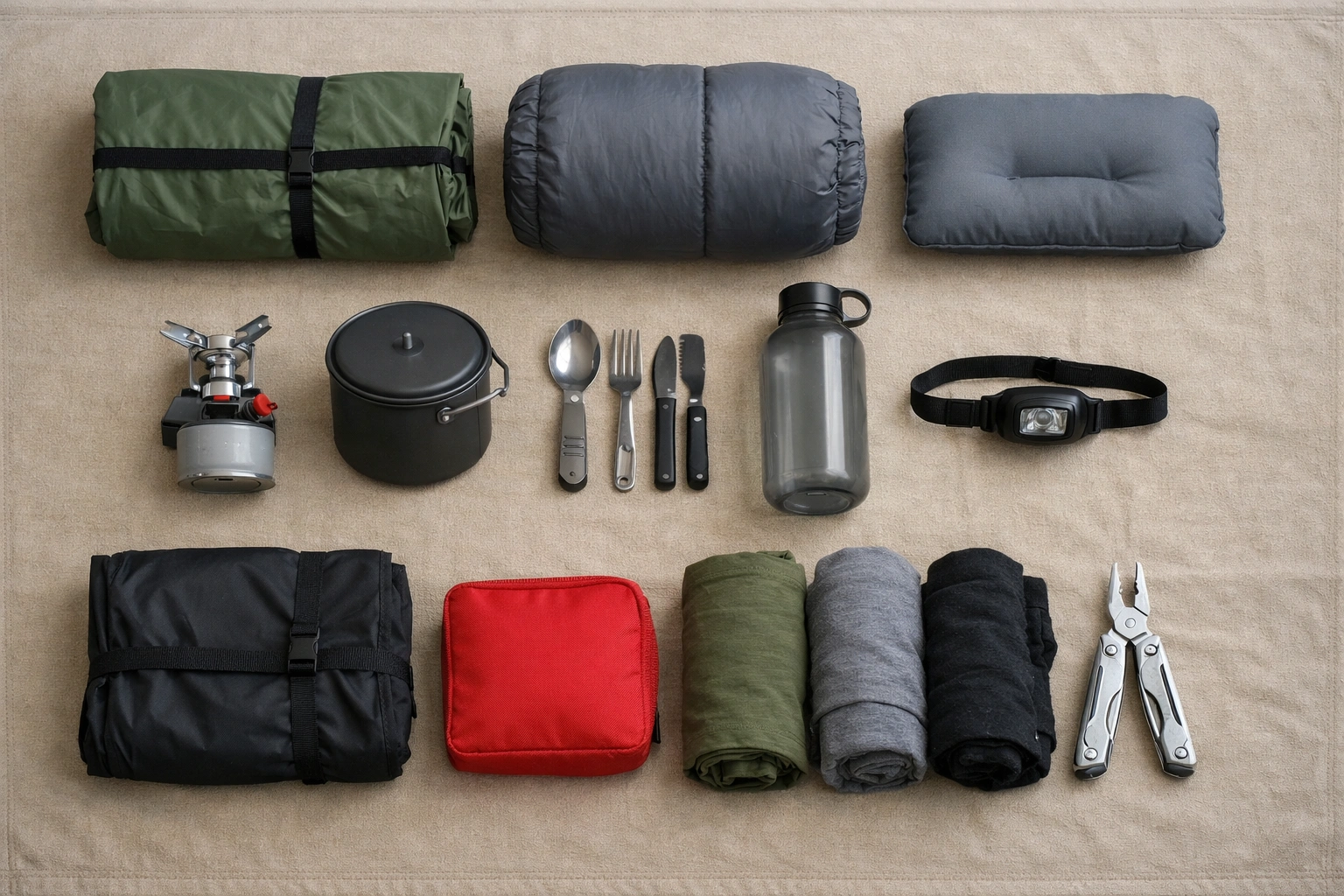 Overhead flat-lay of neatly organized camping gear arranged in rows on a canvas mat including tent, sleeping bag, stove, chair, and first aid kit — no brand logos visible