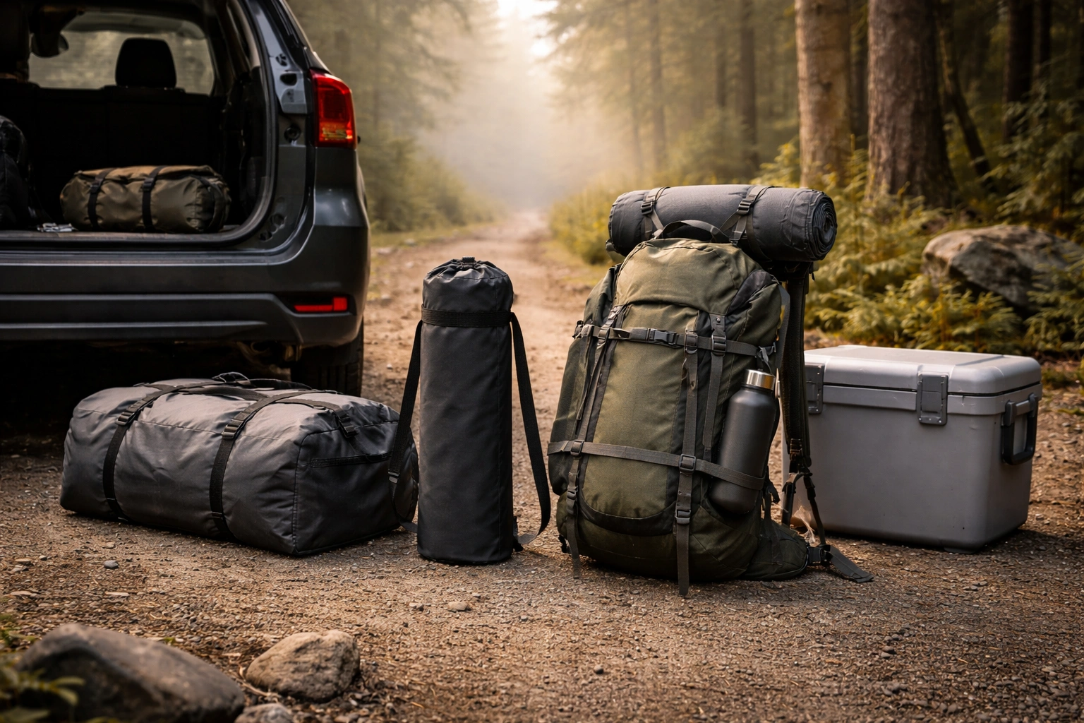 Packed camping gear ready beside a car trunk at a forest trailhead including duffel bag, tent bag, chair strapped to backpack, and cooler — no brand names or logos visible