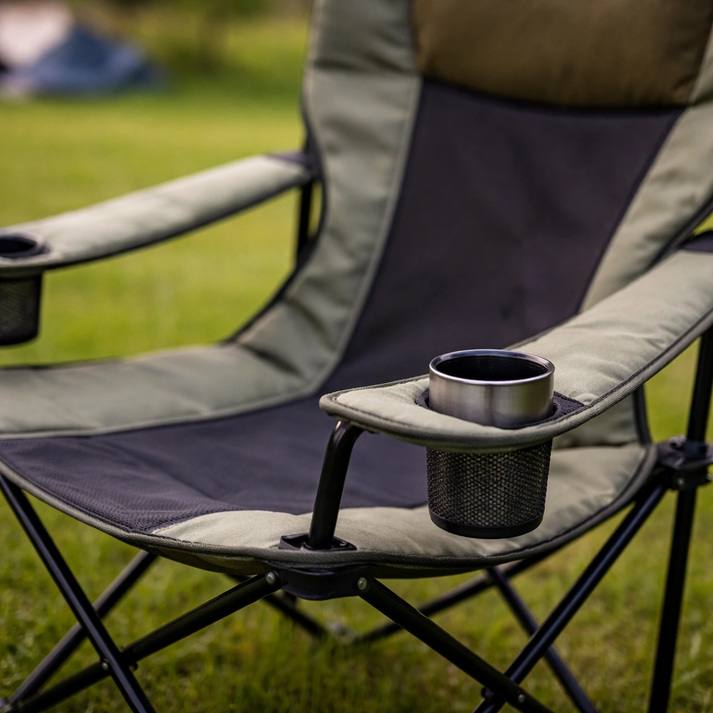 Close-up of classic camping chair with padded seat, cushioned armrests, and built-in cup holder on grass