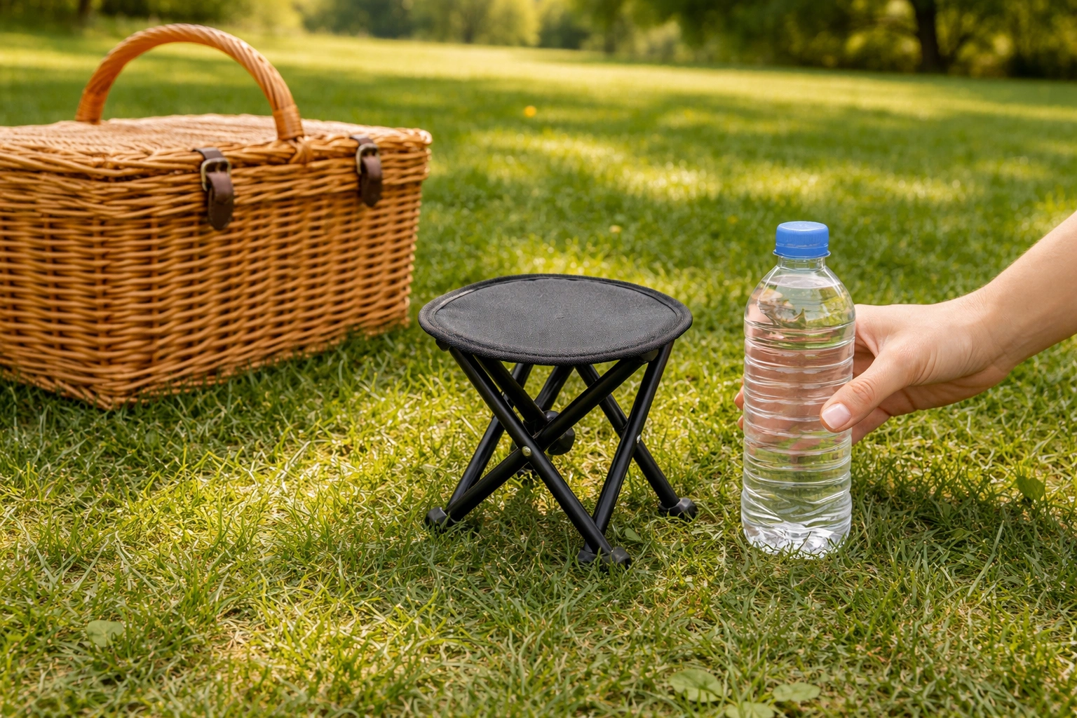 Tiny collapsible three-leg camping stool next to picnic basket with water bottle for scale at park