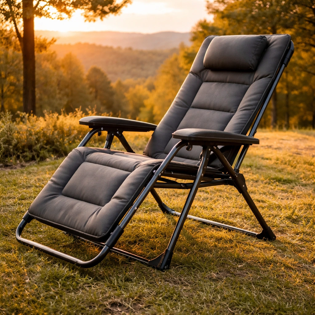 Padded reclining camping chair with headrest in partially reclined position at scenic park overlook during golden hour